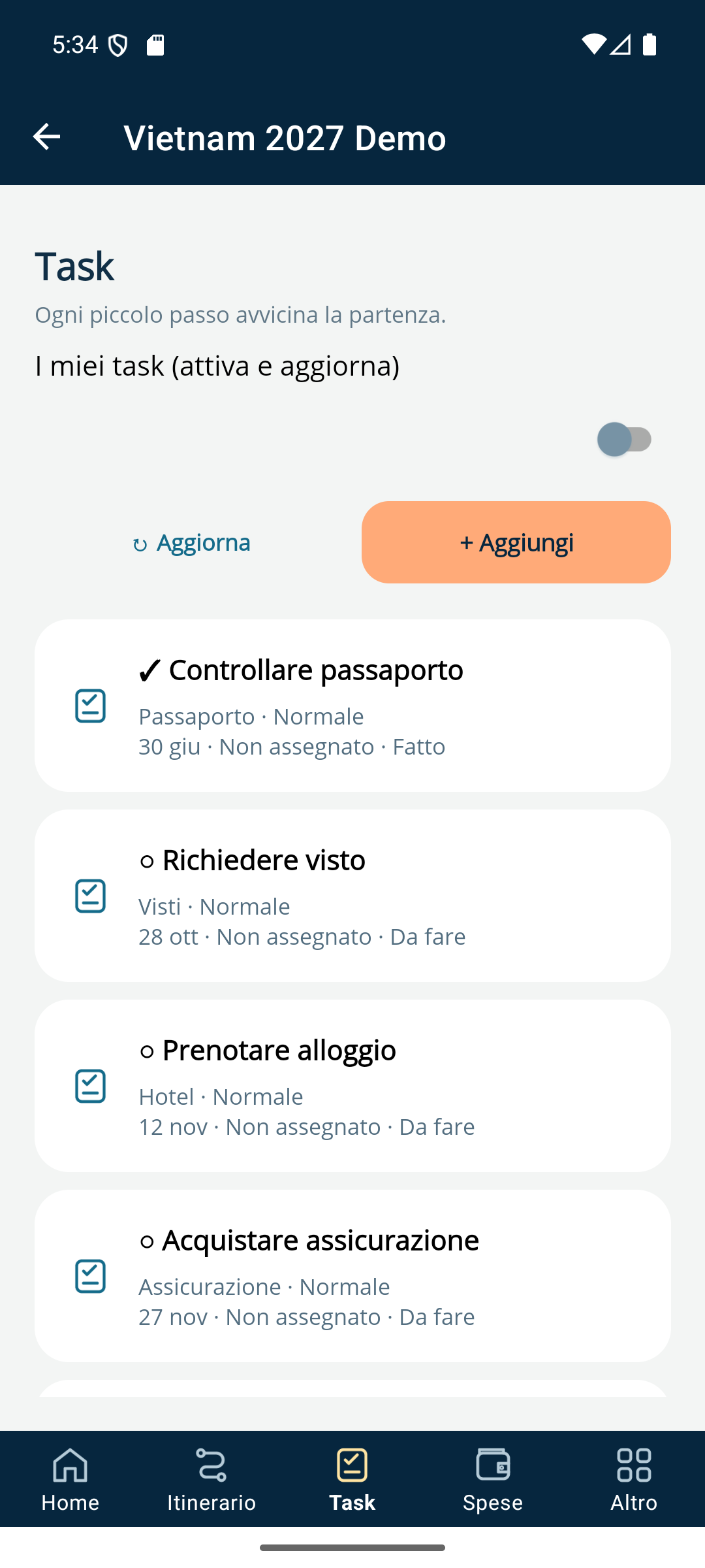 Elenco attività: controllare passaporto, richiedere visto e prenotare alloggio