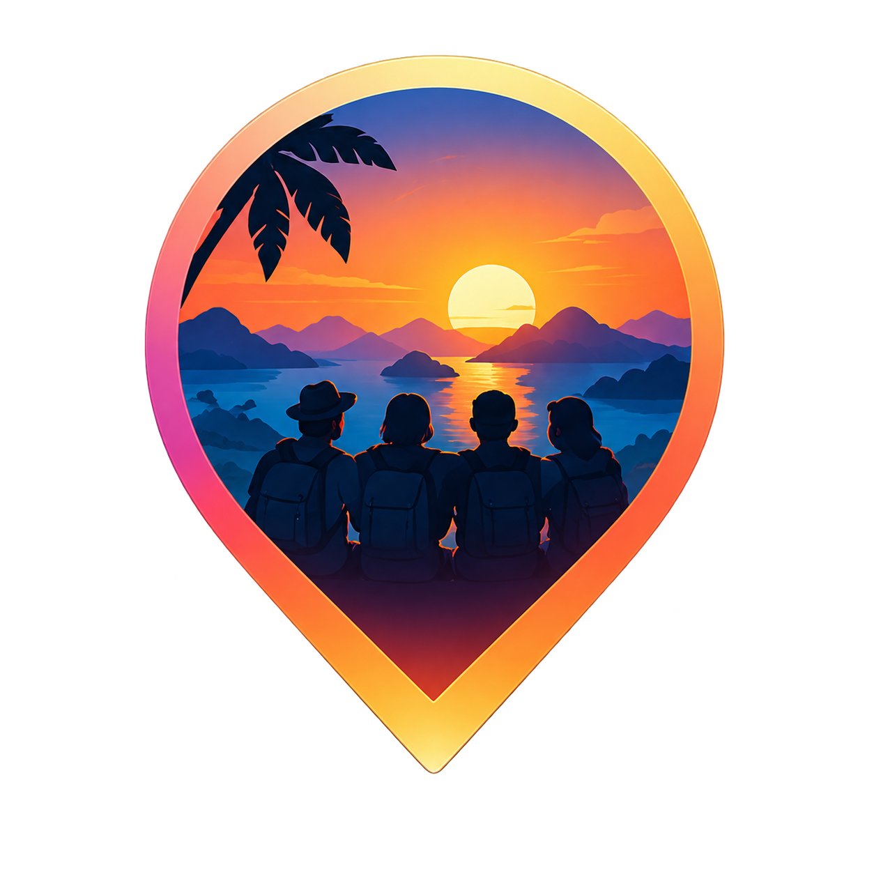 Quattro viaggiatori guardano il tramonto, racchiusi in un segnaposto dai colori caldi